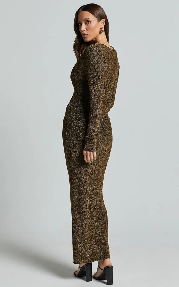 Showpo Paisley Midi Dress 8211 Plunge Cowl Neck Long Sleeve Glitter Jersey Dress In Gold Women Dresses