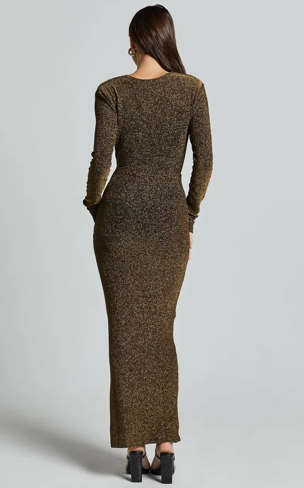 Showpo Paisley Midi Dress 8211 Plunge Cowl Neck Long Sleeve Glitter Jersey Dress In Gold Women Dresses