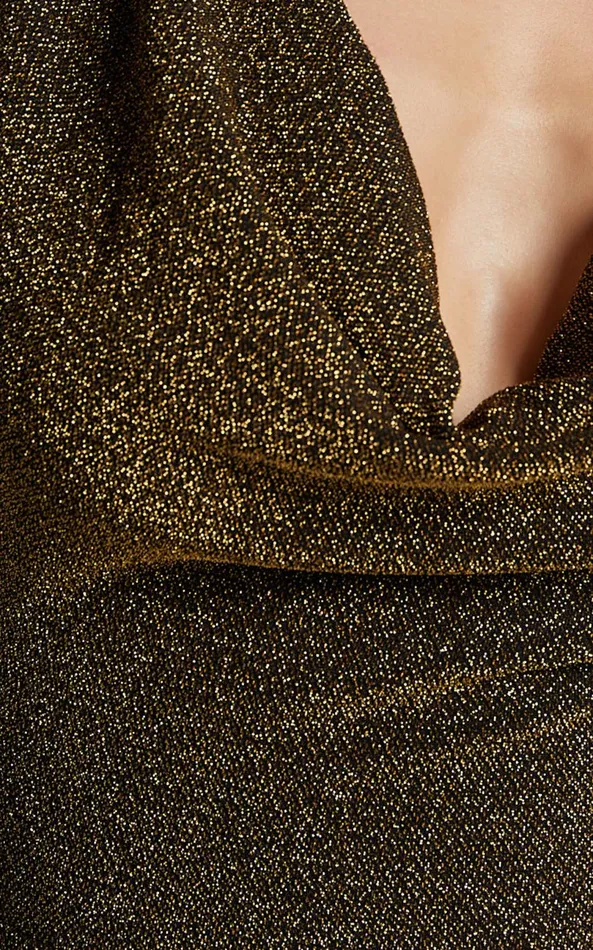 Showpo Paisley Midi Dress 8211 Plunge Cowl Neck Long Sleeve Glitter Jersey Dress In Gold Women Dresses