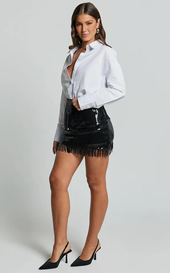 Showpo Paris Mini Skirt 8211 Sequin Fringe High Waisted Skirt In Black Women Skirts