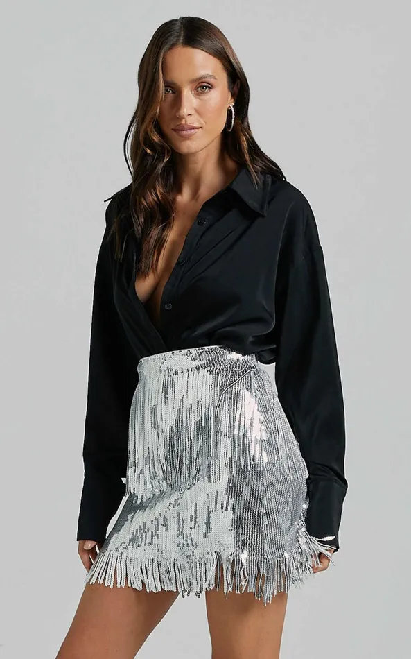 Showpo Paris Mini Skirt 8211 Sequin Fringe High Waisted Skirt In Silver Women Skirts