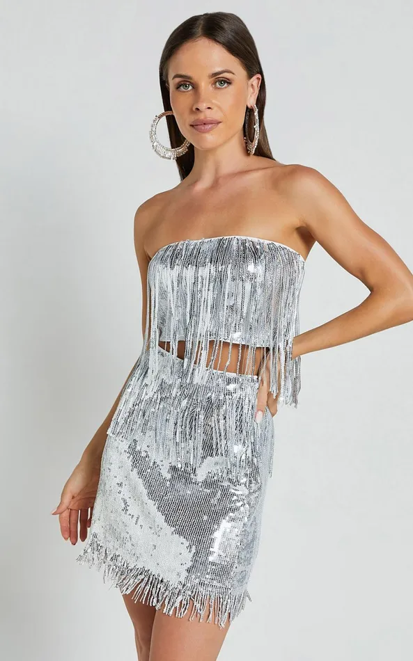 Showpo Paris Top 8211 Sequin Fringe Bandeau Top In Silver Women Tops