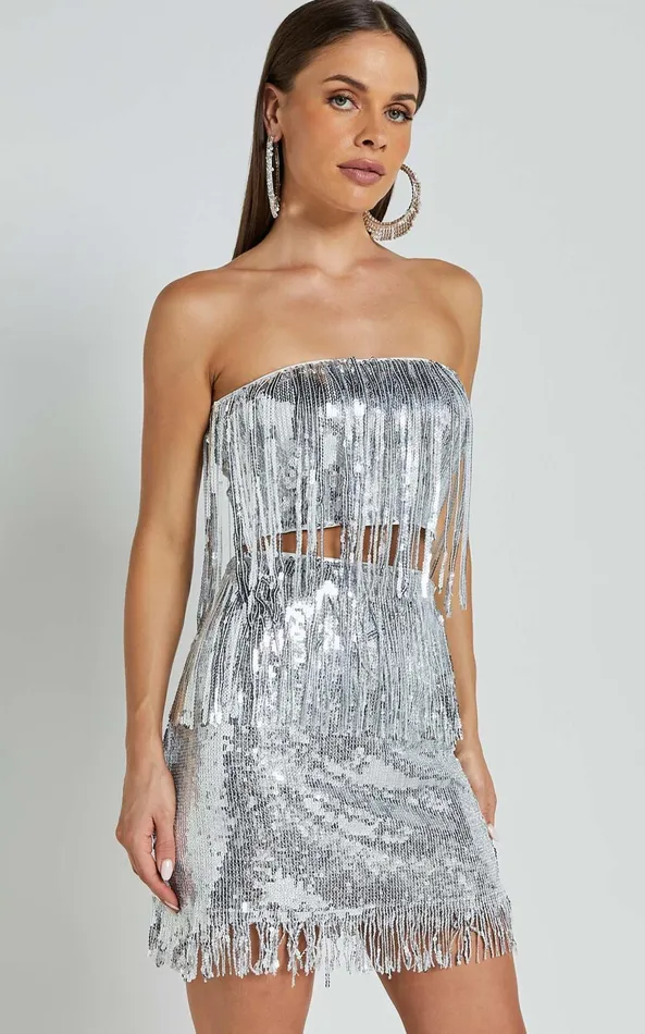 Showpo Paris Top 8211 Sequin Fringe Bandeau Top In Silver Women Tops