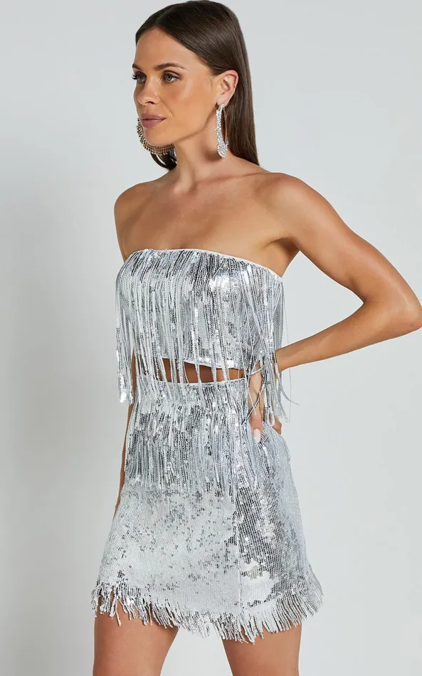 Showpo Paris Top 8211 Sequin Fringe Bandeau Top In Silver Women Tops