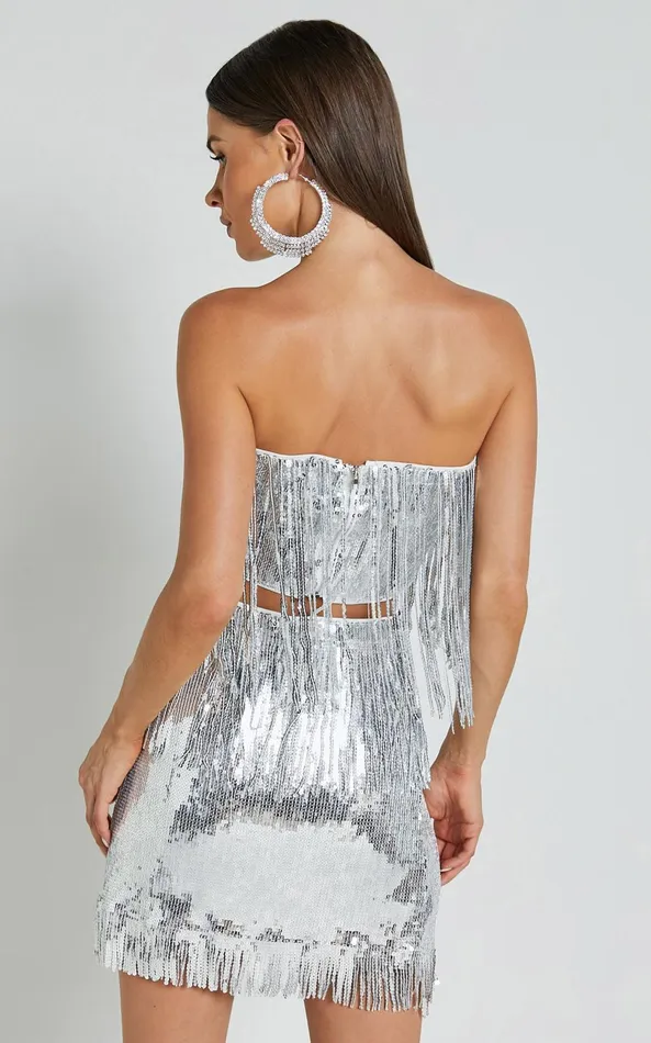 Showpo Paris Top 8211 Sequin Fringe Bandeau Top In Silver Women Tops