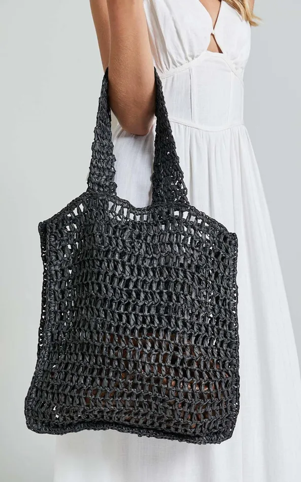 Showpo Paros Crochet Tote Bag In Black Women Bags