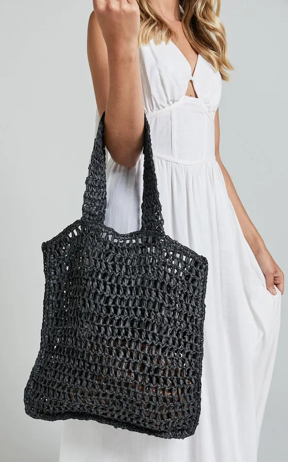 Showpo Paros Crochet Tote Bag In Black Women Bags