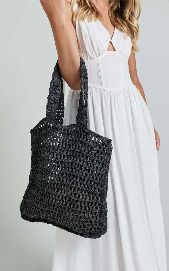 Showpo Paros Crochet Tote Bag In Black Women Bags