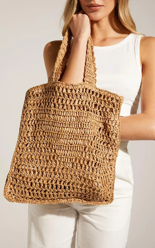 Showpo Paros Crochet Tote Bag In Tan Women Bags