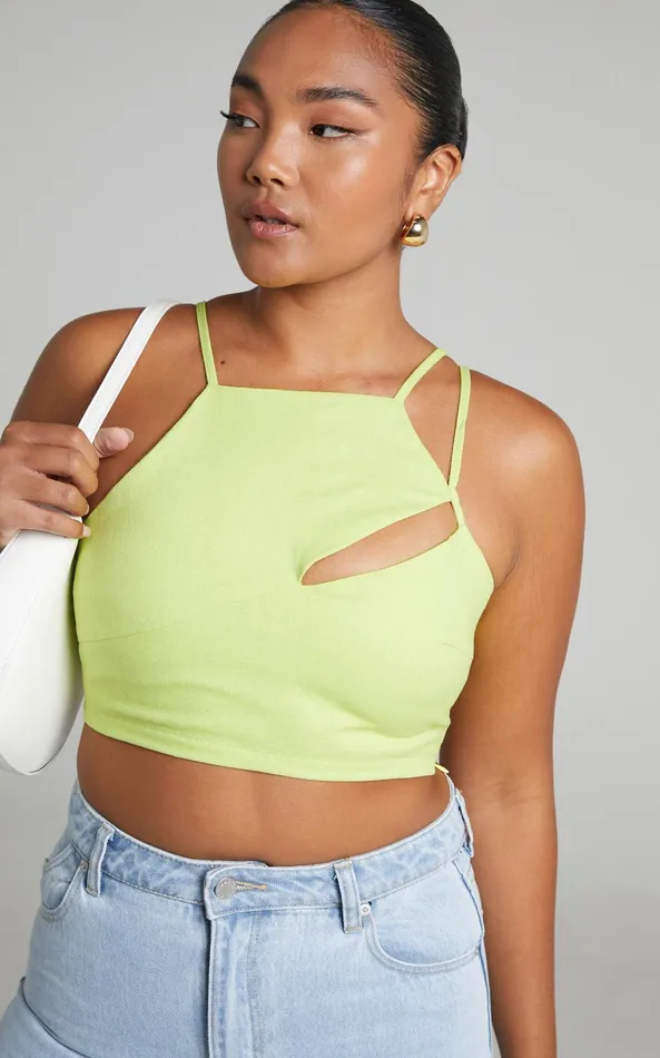 Showpo Patchico Split Bust Crop Top In Lime Women Tops