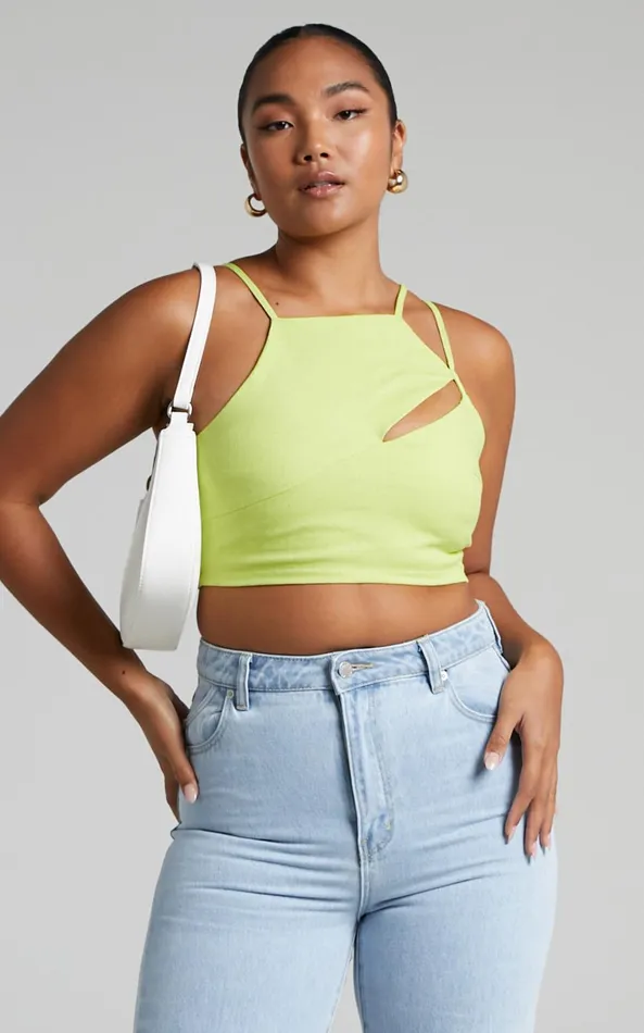 Showpo Patchico Split Bust Crop Top In Lime Women Tops