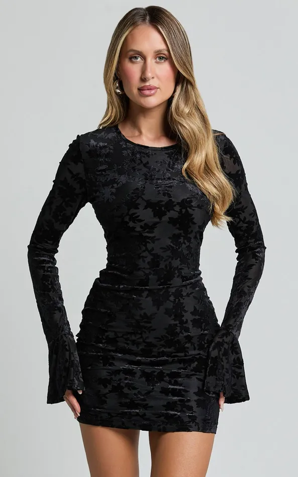 Showpo Paula Mini Dress 8211 Burnout Flounce Sleeve Bodycon Dress In Black Women Dresses Showpo Paula Mini Dress 8211 Burnout Flounce Sleeve Bodycon Dress In Black Women Dresses