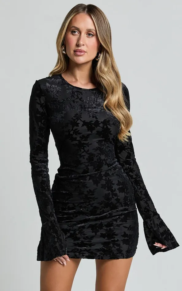 Showpo Paula Mini Dress 8211 Burnout Flounce Sleeve Bodycon Dress In Black Women Dresses