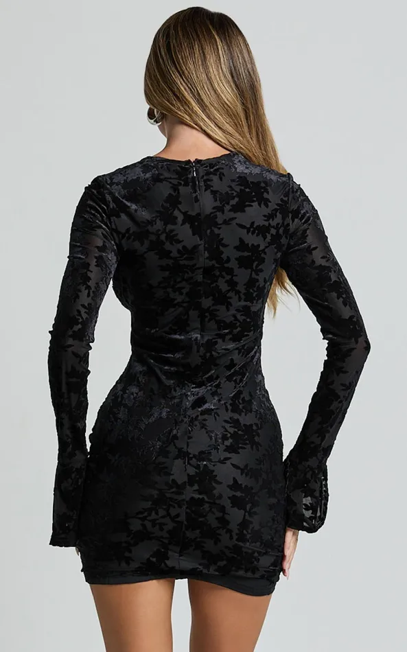 Showpo Paula Mini Dress 8211 Burnout Flounce Sleeve Bodycon Dress In Black Women Dresses