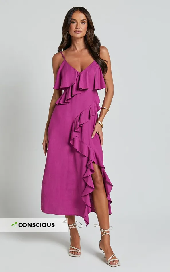 Showpo Pearline Midi Dress 8211 Linen Look Frill Detail Thigh Split Slip Dress In Grape Women Dresses Showpo Pearline Midi Dress 8211 Linen Look Frill Detail Thigh Split Slip Dress In Grape Women Dresses