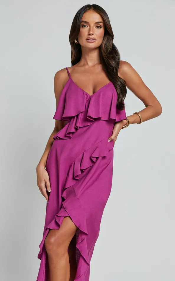 Showpo Pearline Midi Dress 8211 Linen Look Frill Detail Thigh Split Slip Dress In Grape Women Dresses
