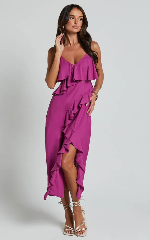 Showpo Pearline Midi Dress 8211 Linen Look Frill Detail Thigh Split Slip Dress In Grape Women Dresses
