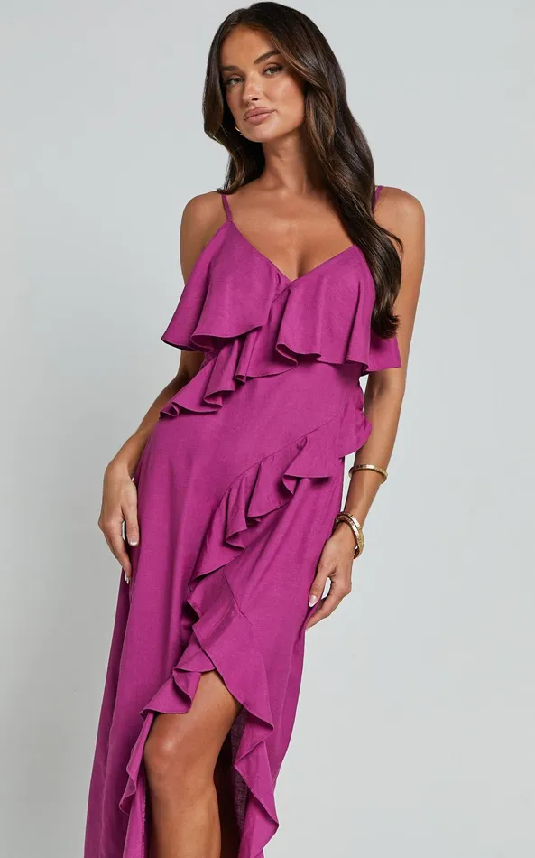 Showpo Pearline Midi Dress 8211 Linen Look Frill Detail Thigh Split Slip Dress In Grape Women Dresses