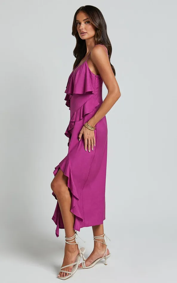 Showpo Pearline Midi Dress 8211 Linen Look Frill Detail Thigh Split Slip Dress In Grape Women Dresses