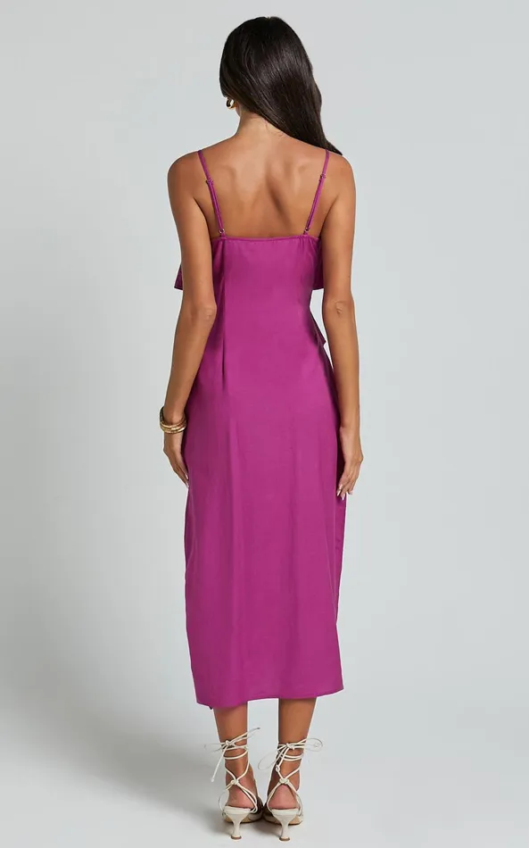 Showpo Pearline Midi Dress 8211 Linen Look Frill Detail Thigh Split Slip Dress In Grape Women Dresses