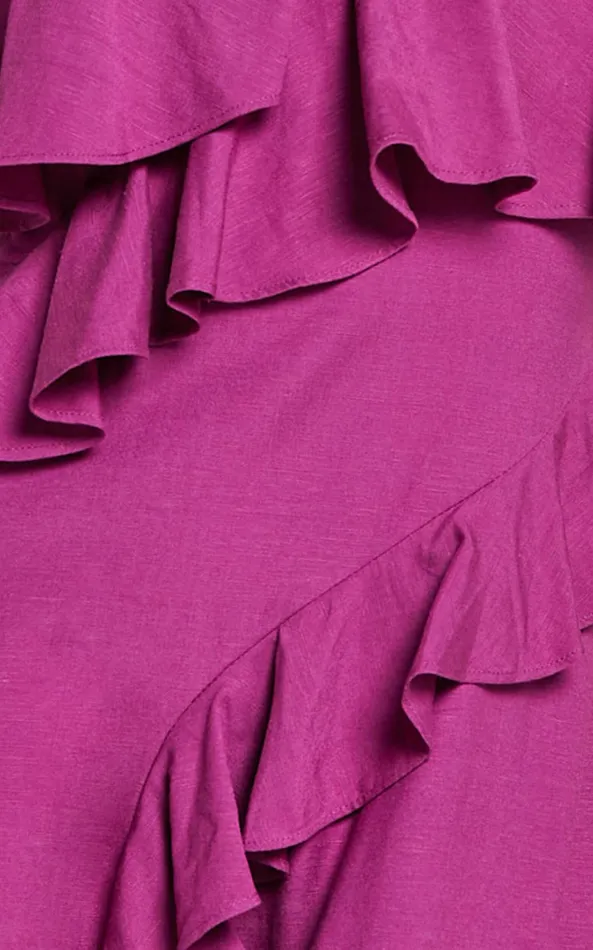 Showpo Pearline Midi Dress 8211 Linen Look Frill Detail Thigh Split Slip Dress In Grape Women Dresses