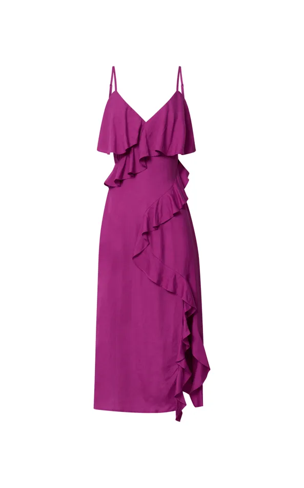 Showpo Pearline Midi Dress 8211 Linen Look Frill Detail Thigh Split Slip Dress In Grape Women Dresses