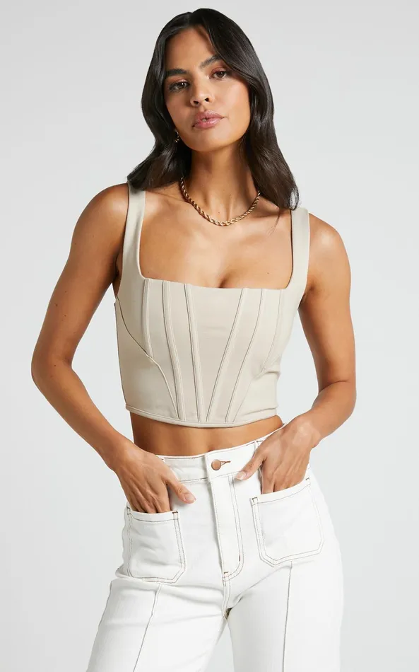 Showpo Pellar Top 8211 Square Neck Corset Top In Sand Women Tops