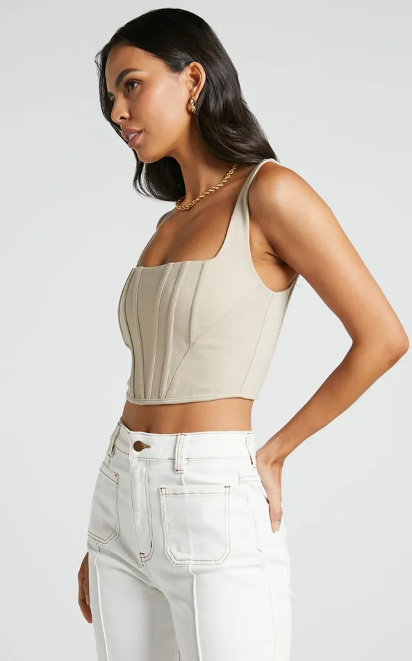 Showpo Pellar Top 8211 Square Neck Corset Top In Sand Women Tops