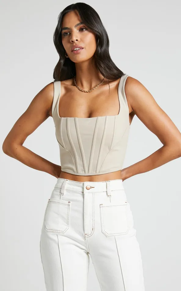 Showpo Pellar Top 8211 Square Neck Corset Top In Sand Women Tops