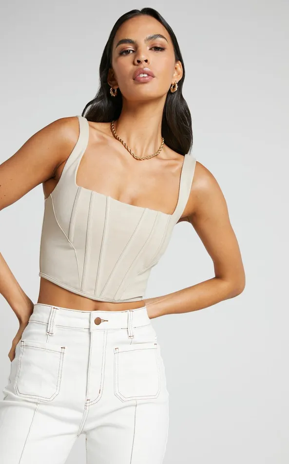 Showpo Pellar Top 8211 Square Neck Corset Top In Sand Women Tops