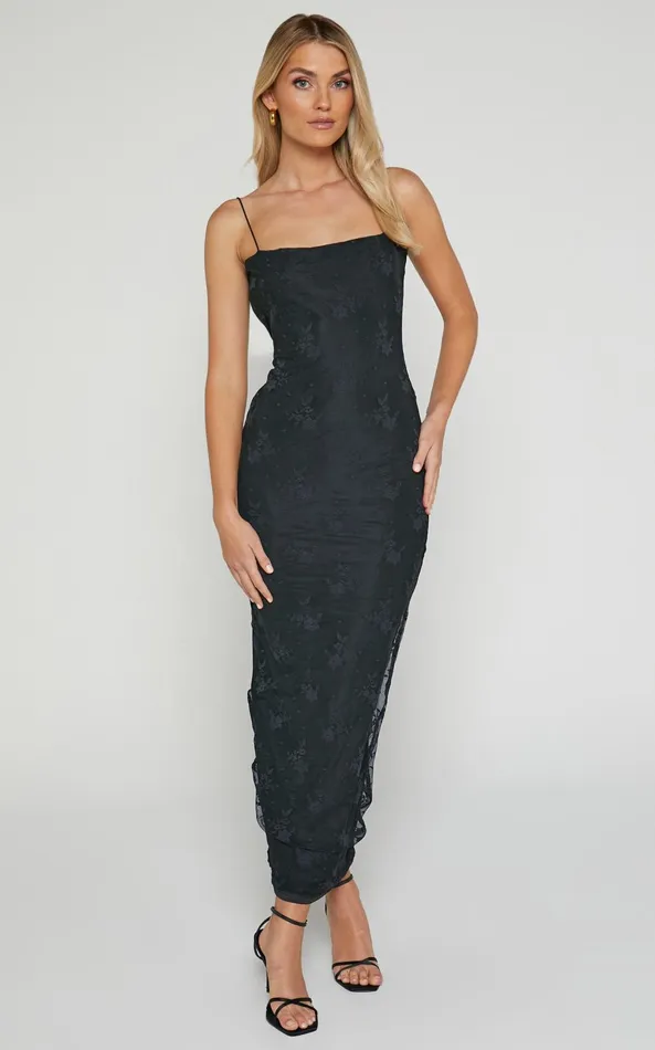 Showpo Penelope Midi Dress 8211 Lace Cami Slip Dress In Black Women Dresses