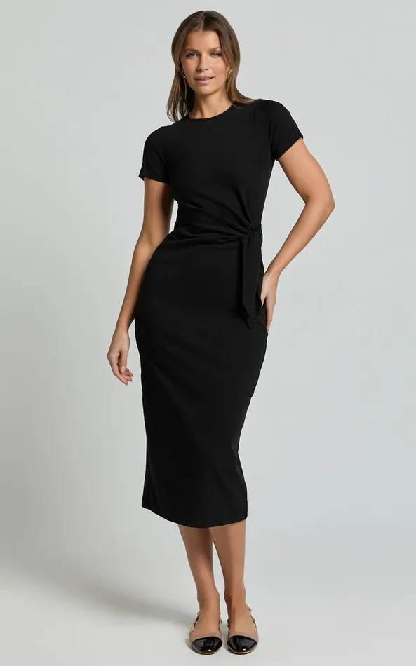 Showpo Penny Midi Dress 8211 Short Sleeve Side Tie Jersey Dress In Black Women Basics Showpo Penny Midi Dress 8211 Short Sleeve Side Tie Jersey Dress In Black Women Basics