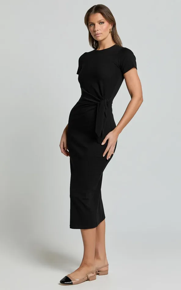 Showpo Penny Midi Dress 8211 Short Sleeve Side Tie Jersey Dress In Black Women Basics
