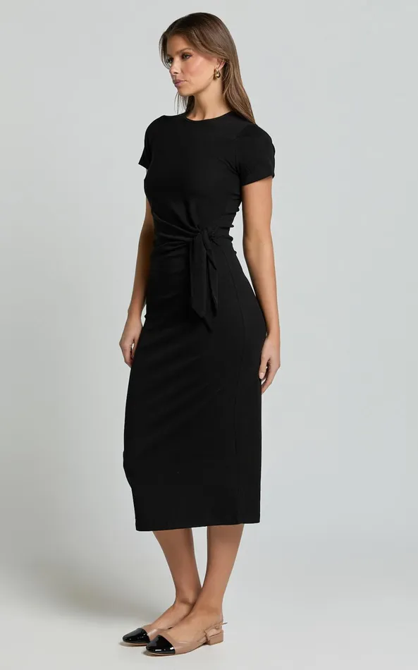 Showpo Penny Midi Dress 8211 Short Sleeve Side Tie Jersey Dress In Black Women Basics