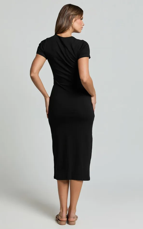 Showpo Penny Midi Dress 8211 Short Sleeve Side Tie Jersey Dress In Black Women Basics