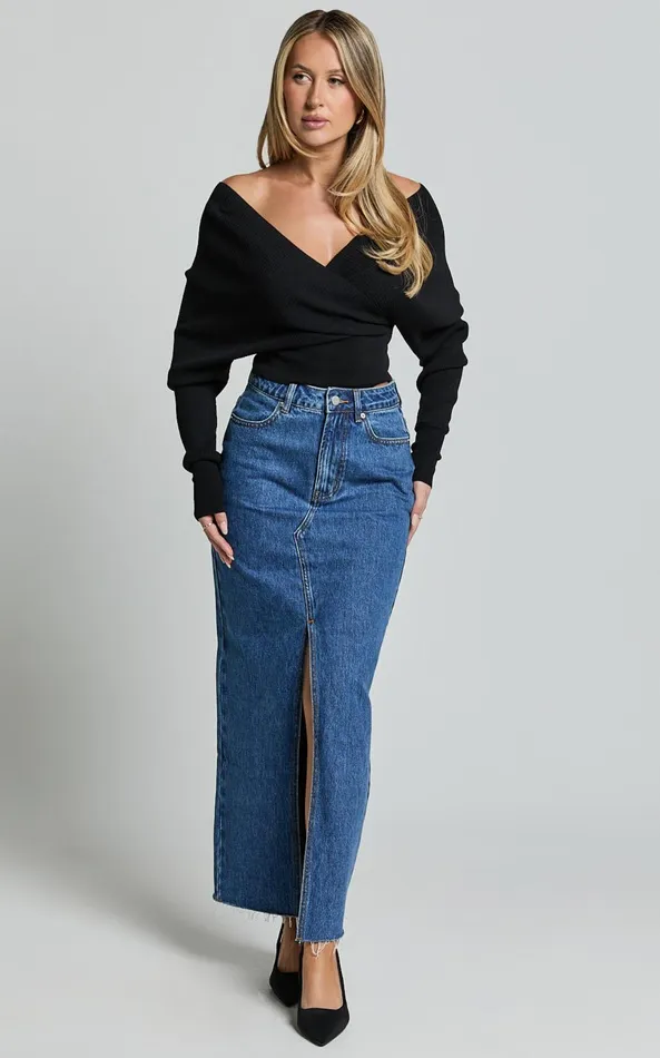 Showpo Petra Top 8211 Long Sleeve Wrap Ribbed Knit Top In Black Women Knitwear
