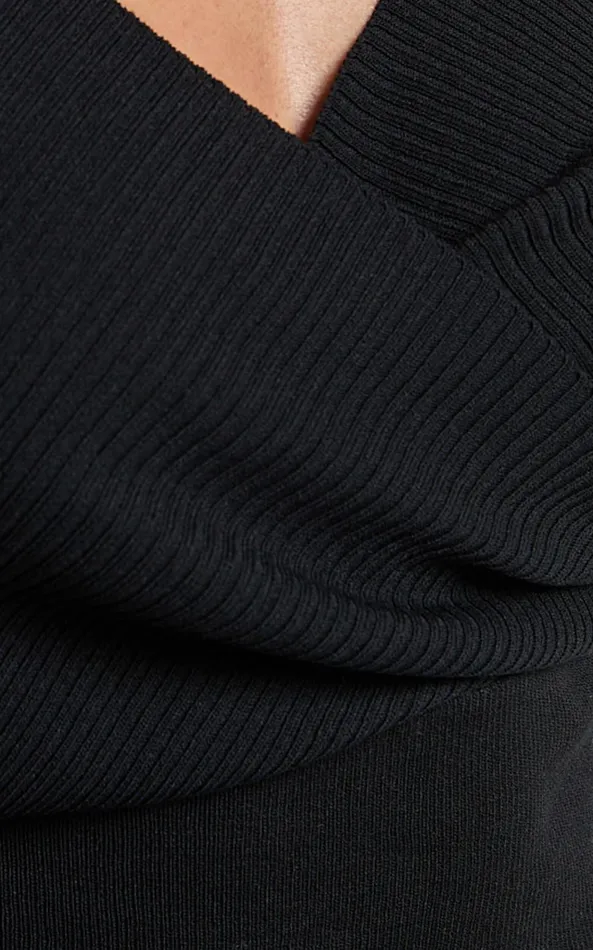Showpo Petra Top 8211 Long Sleeve Wrap Ribbed Knit Top In Black Women Knitwear