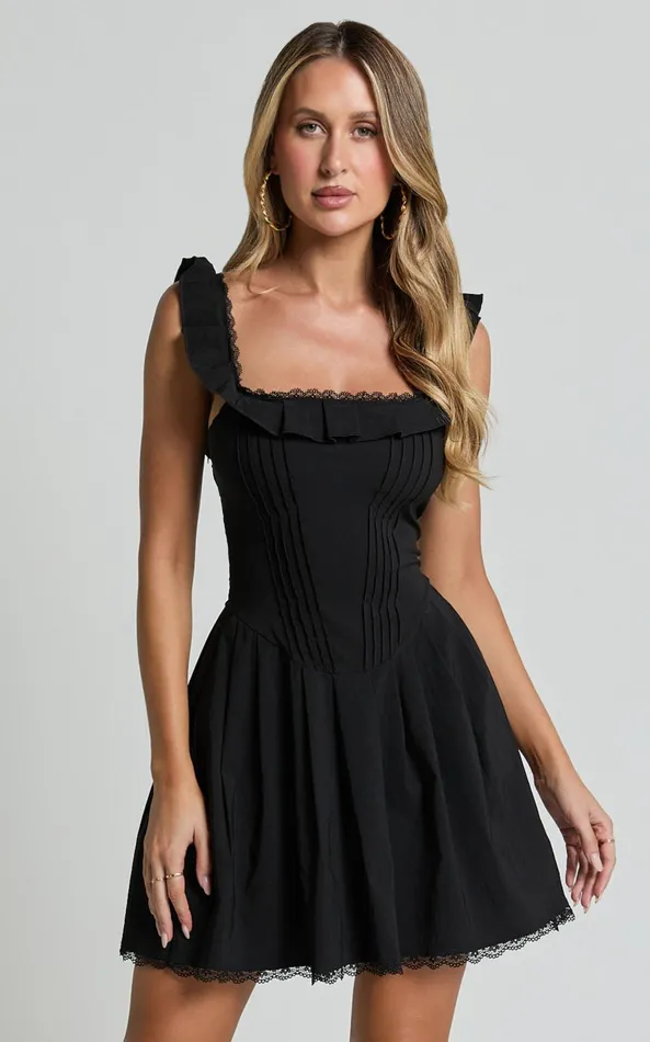 Showpo Petunia Mini Dress 8211 Fit And Flare Baby Doll Frill Detail Mini Dress In Black Women Dresses