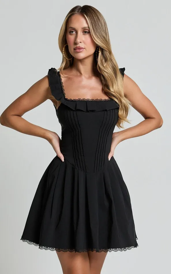 Showpo Petunia Mini Dress 8211 Fit And Flare Baby Doll Frill Detail Mini Dress In Black Women Dresses