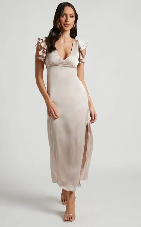 Showpo Phagie Midi Dress 8211 Deep V Ruffle Sleeve Side Split Dress In Champagne Women Dresses