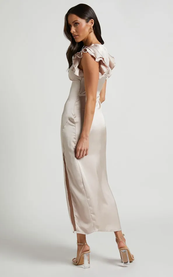 Showpo Phagie Midi Dress 8211 Deep V Ruffle Sleeve Side Split Dress In Champagne Women Dresses