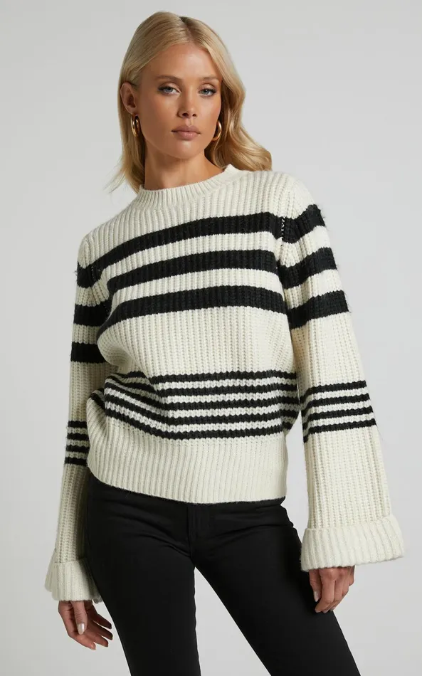 Showpo Pheney Sweater 8211 Striped Crew Neck Knit Sweater In Cream And Black Women Knitwear Showpo Pheney Sweater 8211 Striped Crew Neck Knit Sweater In Cream And Black Women Knitwear