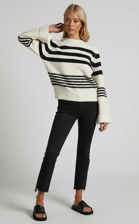 Showpo Pheney Sweater 8211 Striped Crew Neck Knit Sweater In Cream And Black Women Knitwear Showpo Pheney Sweater 8211 Striped Crew Neck Knit Sweater In Cream And Black Women Knitwear