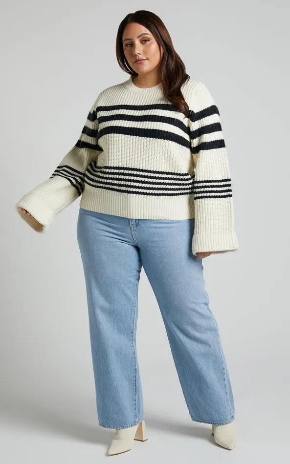 Showpo Pheney Sweater 8211 Striped Crew Neck Knit Sweater In Cream And Black Women Knitwear Showpo Pheney Sweater 8211 Striped Crew Neck Knit Sweater In Cream And Black Women Knitwear