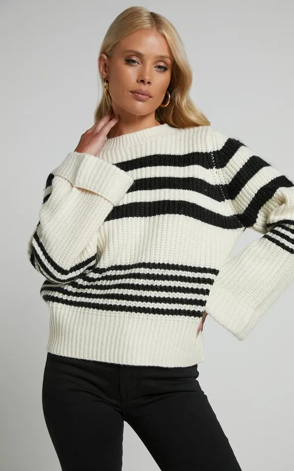 Showpo Pheney Sweater 8211 Striped Crew Neck Knit Sweater In Cream And Black Women Knitwear Showpo Pheney Sweater 8211 Striped Crew Neck Knit Sweater In Cream And Black Women Knitwear