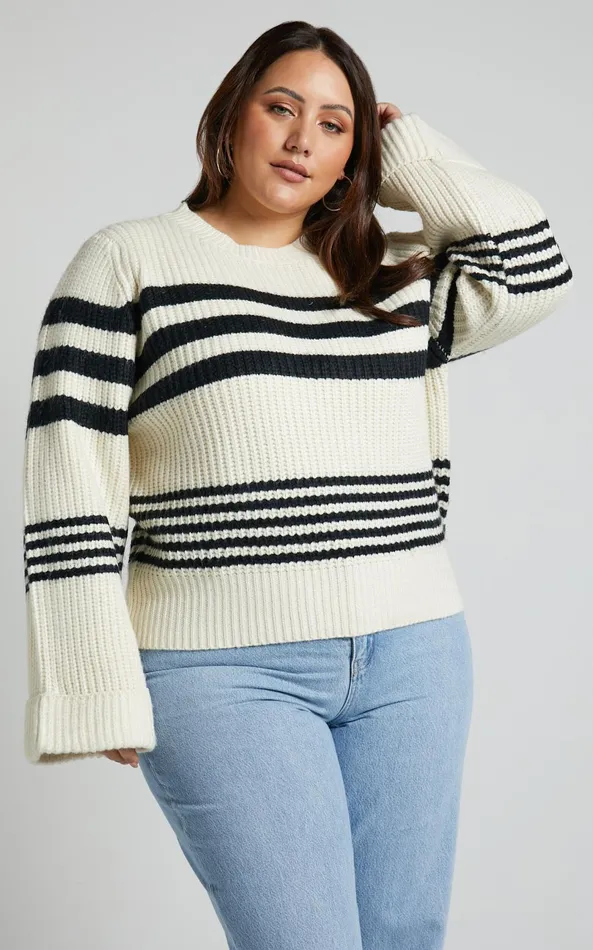 Showpo Pheney Sweater 8211 Striped Crew Neck Knit Sweater In Cream And Black Women Knitwear Showpo Pheney Sweater 8211 Striped Crew Neck Knit Sweater In Cream And Black Women Knitwear