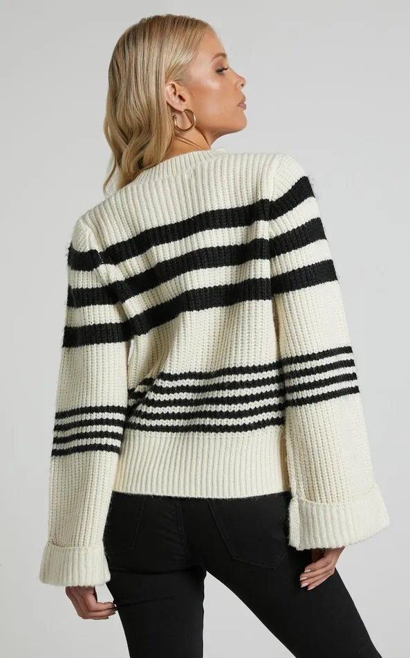 Showpo Pheney Sweater 8211 Striped Crew Neck Knit Sweater In Cream And Black Women Knitwear Showpo Pheney Sweater 8211 Striped Crew Neck Knit Sweater In Cream And Black Women Knitwear