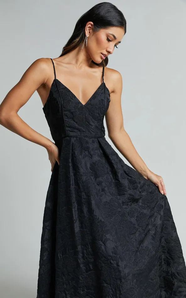 Showpo Philine Midi Dress 8211 Plunge Fit And Flare Dress In Black Women Dresses