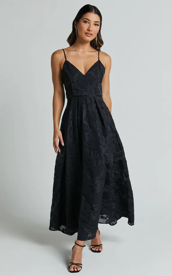 Showpo Philine Midi Dress 8211 Plunge Fit And Flare Dress In Black Women Dresses