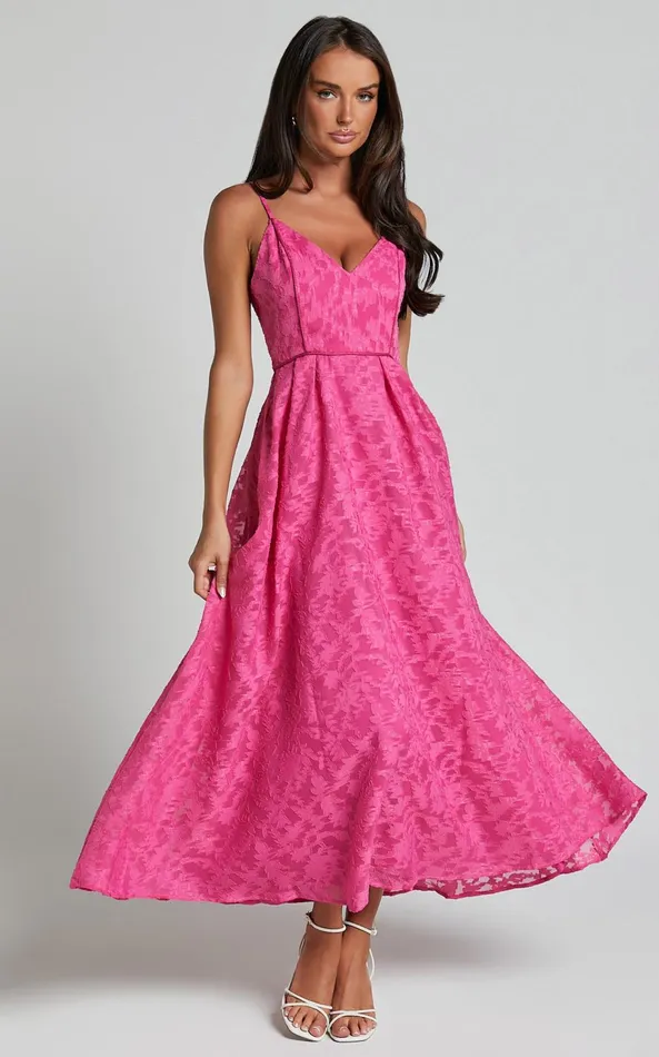 Showpo Philine Midi Dress 8211 Plunge Fit And Flare Dress In Pink Women Dresses